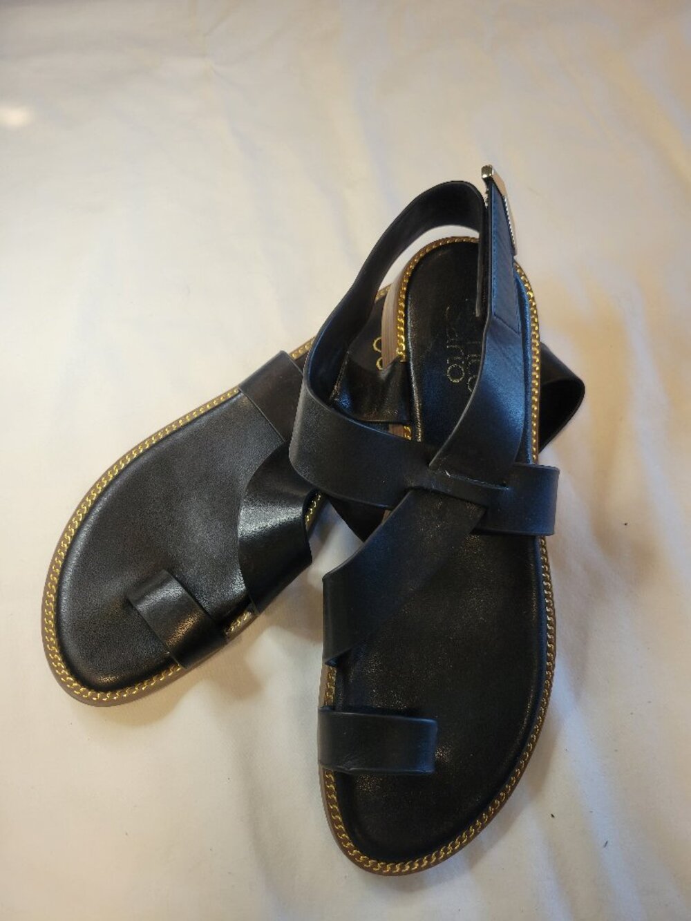 Franco Sarto Black Leather Slingback Sandals Gold Accent (Estimated Size 8-8.5)